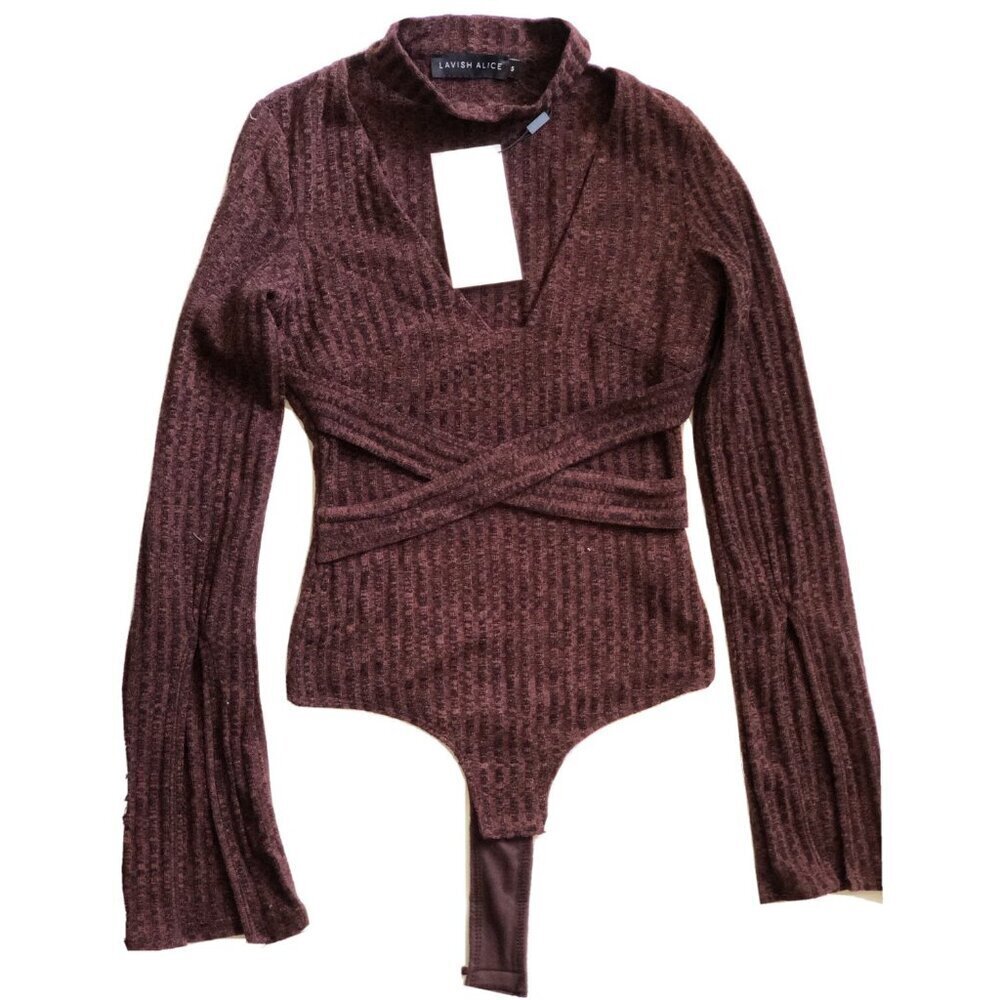 Nasty Gal x Lavish Alice Burgundy Ribbed Plunge Choker Bodysuit NWOT